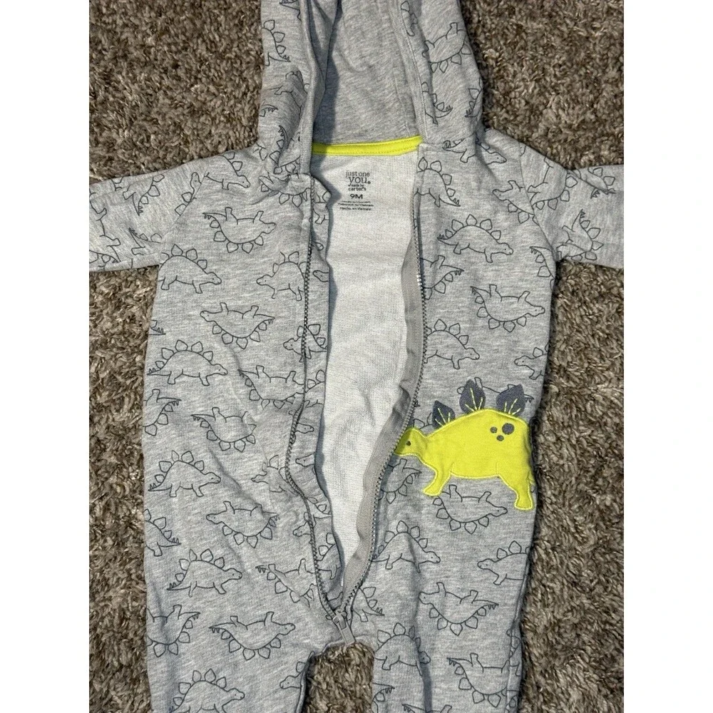 Carter’s Just One You Baby Dino Hooded Zip Romper Gray Dinosaur 9M